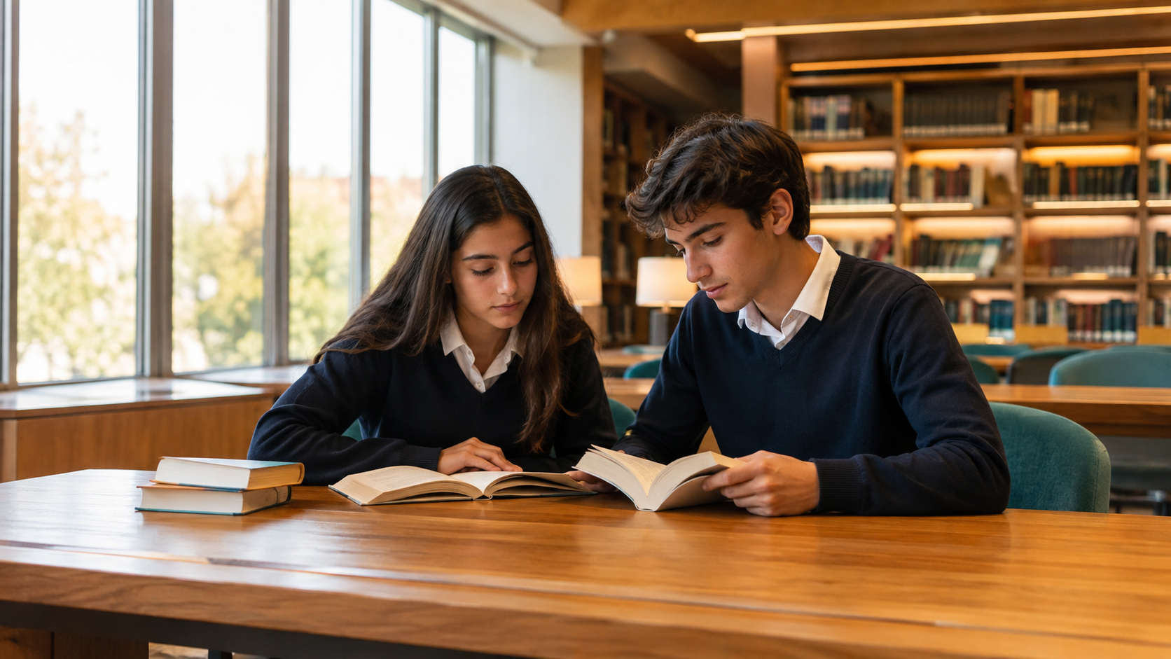 Okul kütüphanesinde kitap okuyan öğrenciler